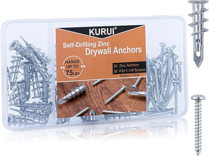 KURUI #8 Zinc Self-Drilling Drywall Anchors, 60PCs Hollow Metal Wall Anchors and Screws Kit, 30 H... | Amazon (US)