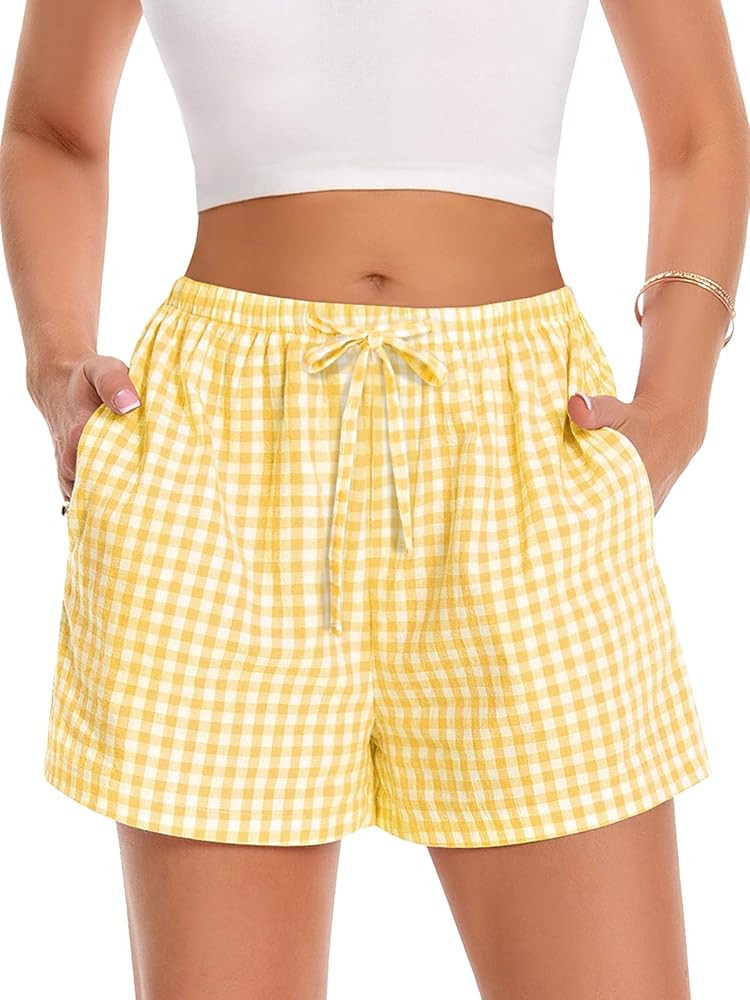 Women Boxer Shorts Comfy Gingham Drawstring Pajama Bottom Plaid Casual Pants with Pocket | Amazon (US)