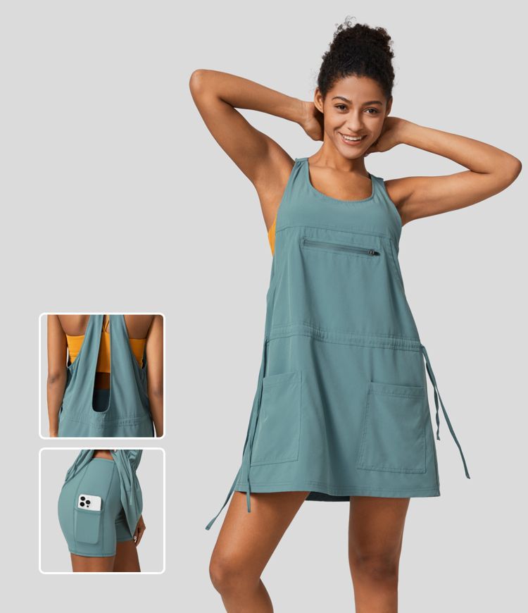 Breezeful™ Backless Multiple Pockets Drawstring 2-Piece Quick Dry Mini Hiking Active Dress | HALARA