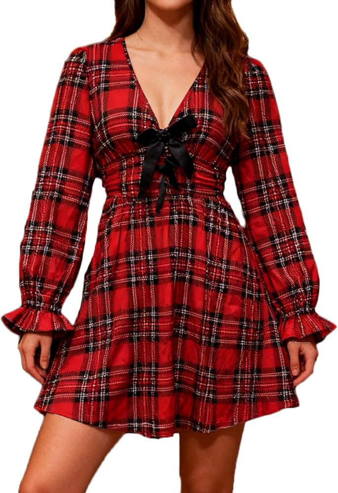 Women Christma Dress Plaid Square Neck Lace Trim Puff Sleeve Babydoll Mini Dress Gingham Ruffle T... | Amazon (US)