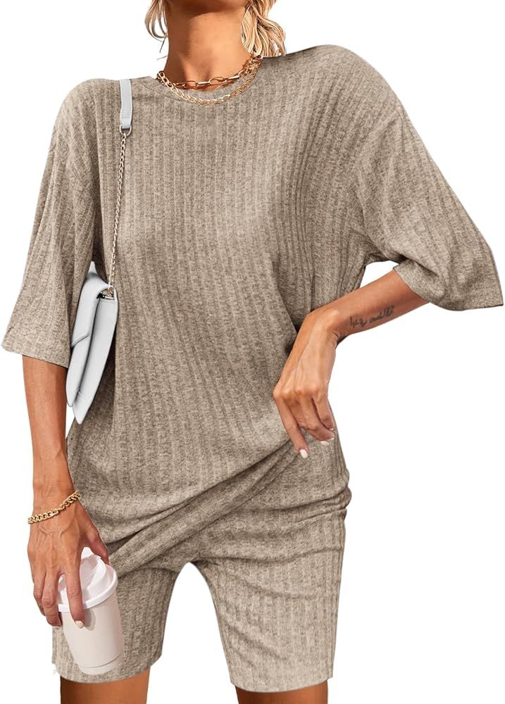 Ekouaer Pajamas 2 Piece Lounge Sets Ribbed Knit Matching Outfits T-shirt Biker Shorts Sleepwear M... | Amazon (US)