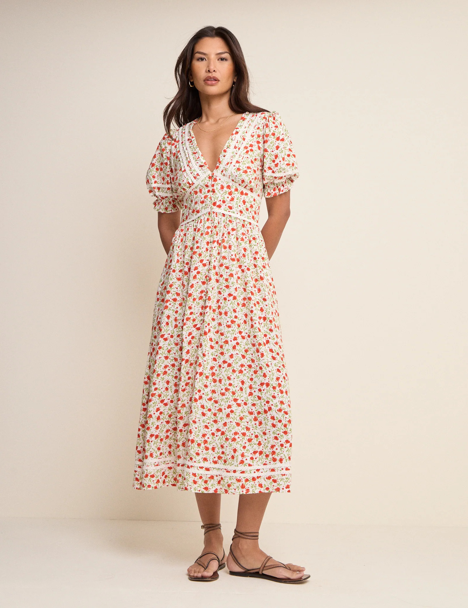 White Floral Puff Sleeve Saffy Midi Dress | Nobody's Child