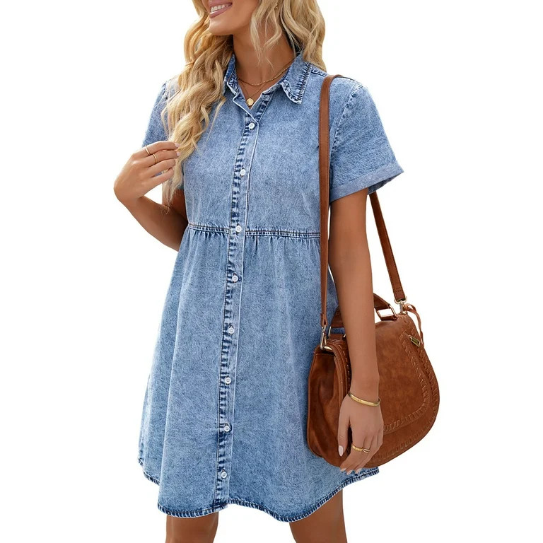 LookbookStore Women s High Waisted Denim Dress Short Sleeve Flowy Tiered Dress Size L Bay Blue | Walmart (US)