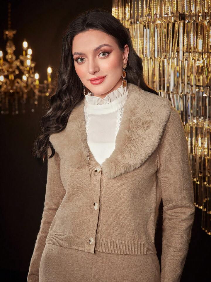 SHEIN Modely Women's Fur Collar Cardigan And Knitted Pants Set | SHEIN