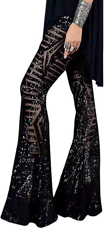 AZOKOE Women High Waist Wide Leg Palazzo Lounge Pants Sequin Bell Bottoms Trousers | Amazon (US)