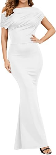 HugeNice White Formal Evening Dresses for Women Elegant Sexy Off Shoulder Short Sleeve Ruched Bodycon Club Party Maxi Dress | Amazon (US)