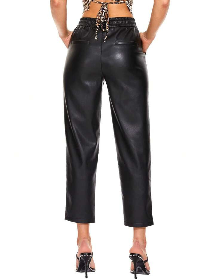 Faux Leather Pants For Women High Waist Pleather Jogger Pants Straight Leg Trousers With Pockets | SHEIN