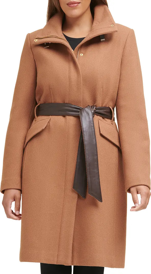 Cole Haan Wool Twill Faux Leather Belted Coat | Nordstrom | Nordstrom