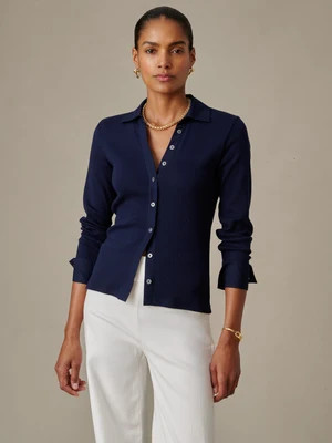J.McLaughlin Women's Theodora Shirt in Ribbed Pima Cotton Navy, Size XL | Cotton/Spandex | J.McLaughlin