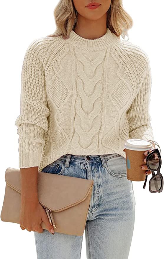 ANCAPELION Women's Casual Pullover Sweater Solid Color Ribbed Knit Sweatshirt Long Sleeve Crew Ne... | Amazon (US)
