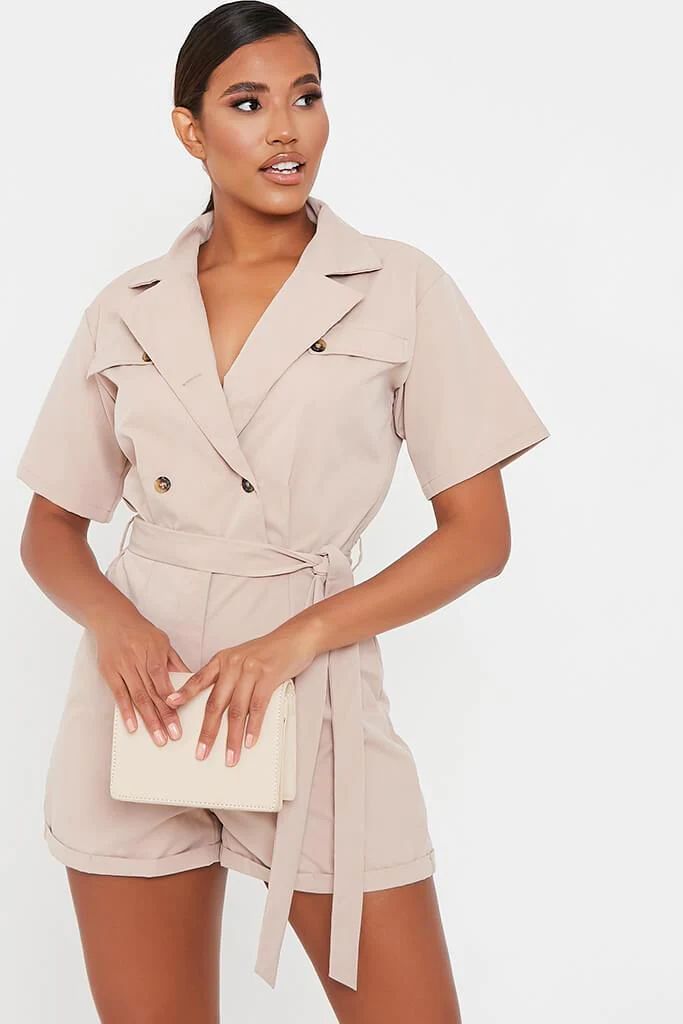 Camel Woven Short Sleeve Belted Utility Playsuit | ISAWITFIRST