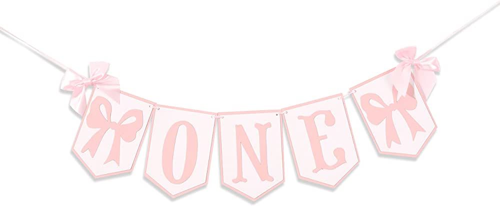 Pink and White Highchair Banner - Bow One Banner, Pink White Party Decor- Girl First Birthday Dec... | Amazon (US)