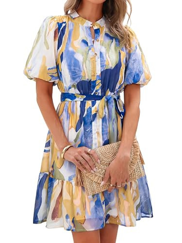 Simplee Womens Boho Mini Floral Dresses Short Puff Sleeve V Neck Button Down Floral Sundress Beach Vacation Trendy Clothing Blue Orange M | Amazon (US)