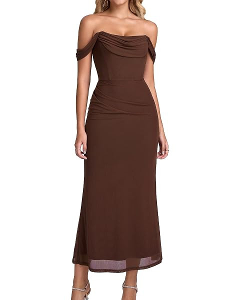 KUTUMAI Off The Shoulder Maxi Long Dress Corset Ruched Bodycon Formal Wedding Guest Dresses for W... | Amazon (US)