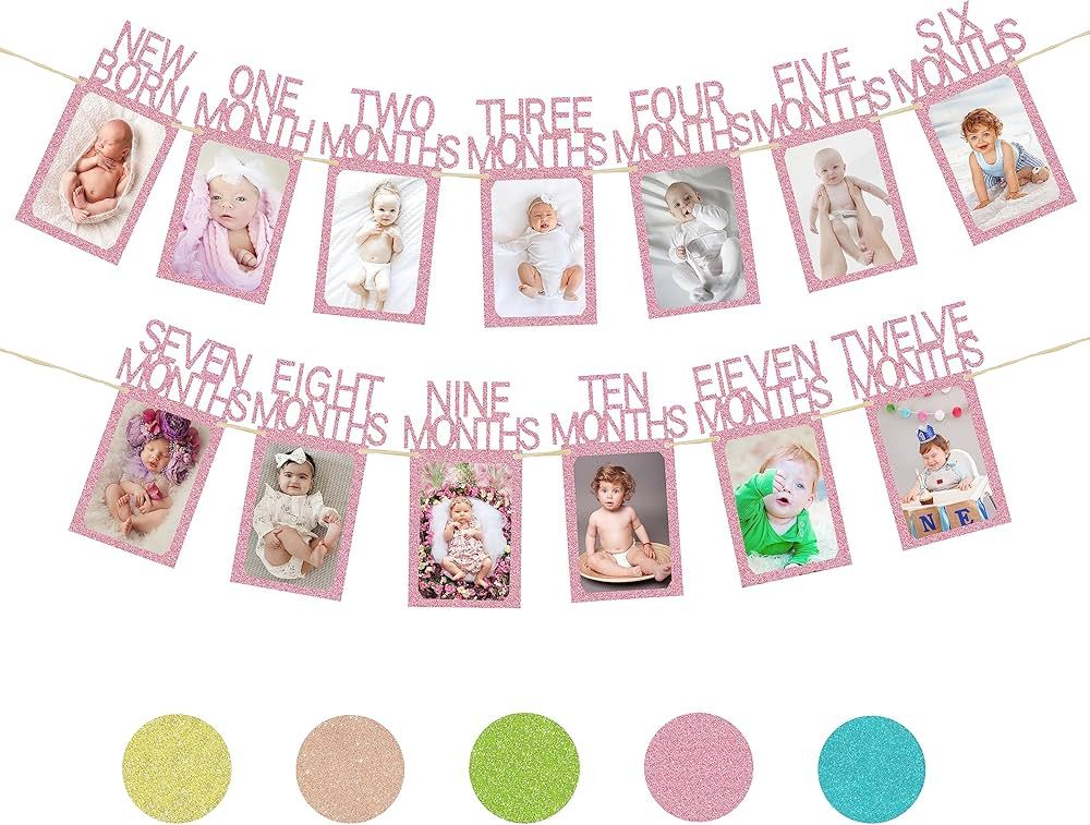 1st Birthday Photo Banner First Year Old Decorations For Baby First Pink From Newborn To 12 Month... | Amazon (US)