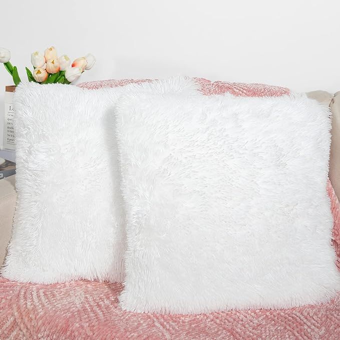 Set of 2 Decorative Throw Pillow Covers 18x18, White Fluffy Pillow Covers New Luxury Faux Fur Squ... | Amazon (US)