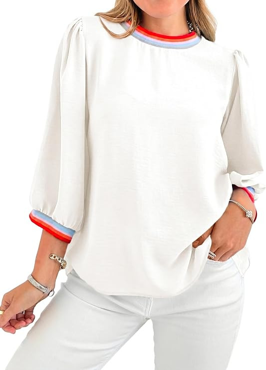 Tankaneo Womens 3/4 Sleeve Puff Tops Casual Loose Fit Patchwork Blouse Crew Neck T Shirts Tunic | Amazon (US)