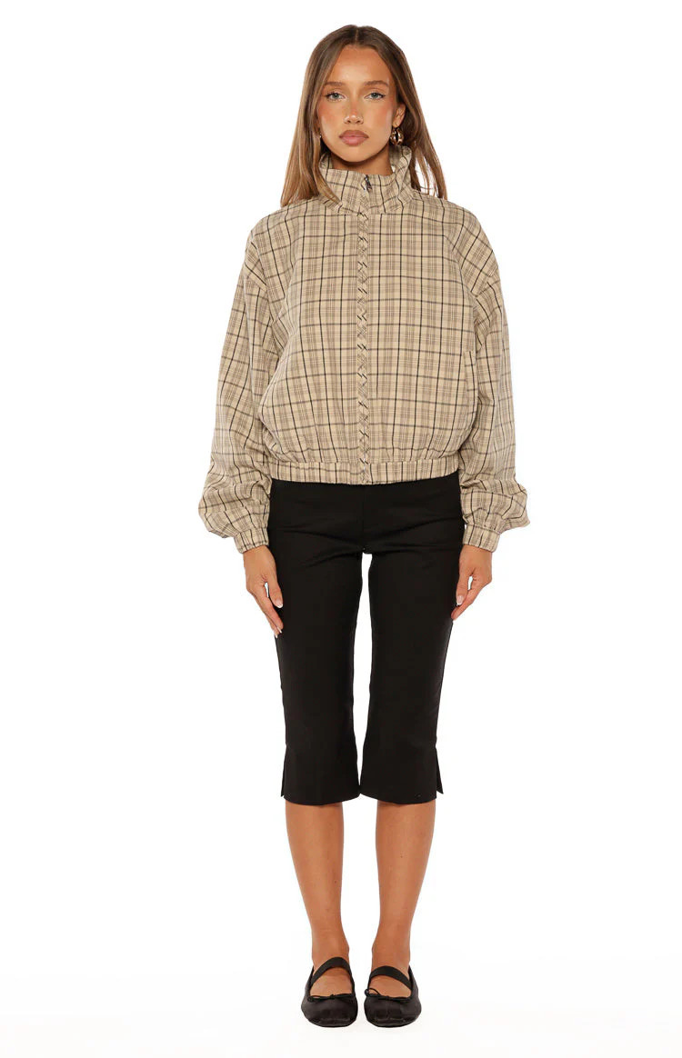 Lee Beige Plaid Funnel Neck Jacket | Beginning Boutique | Beginning Boutique (US)