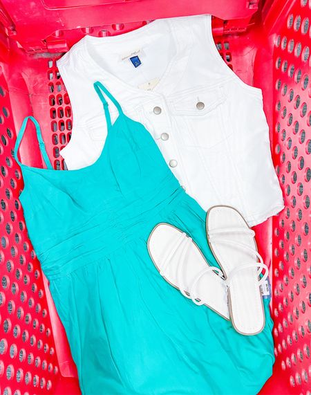Target Summer Outfit Ideas white Sleeveless Denim Vest, Jade Green Maxi Dress, Strappy Slides  #universalthread #brunchdates #summerlooks #targetfashion #outfitideas 

#LTKParties #LTKFindsUnder50 #LTKTravel