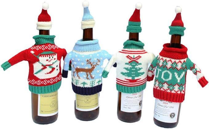 Fashionclubs Christmas Wine Bottle Knitted Ugly Sweater Covers Set,Set of 4 | Amazon (US)