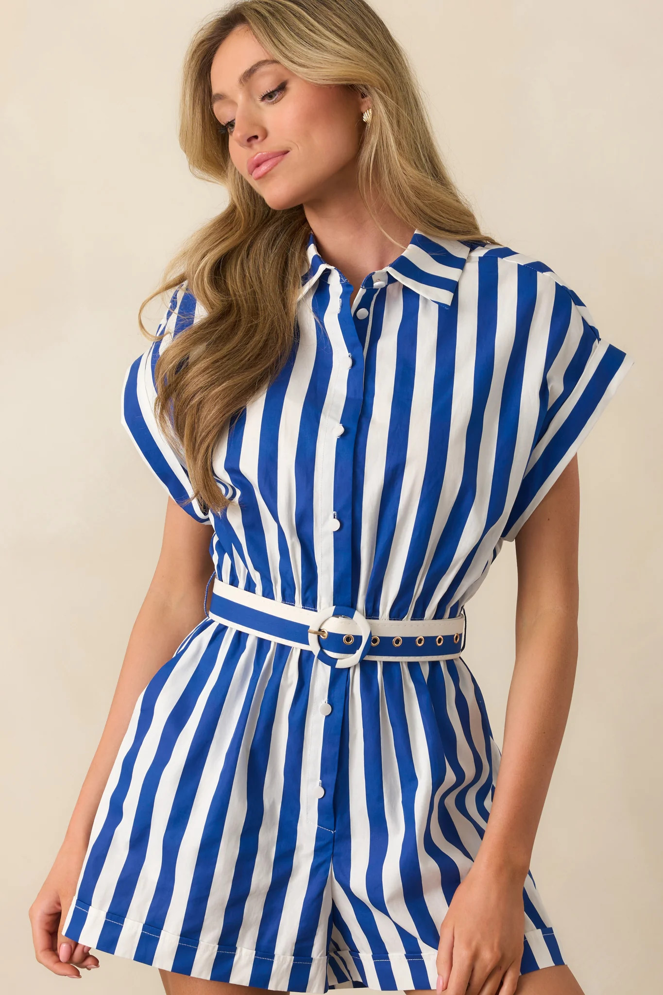 Prosperina Natalia Royal Blue Stripe Cotton Romper | Red Dress