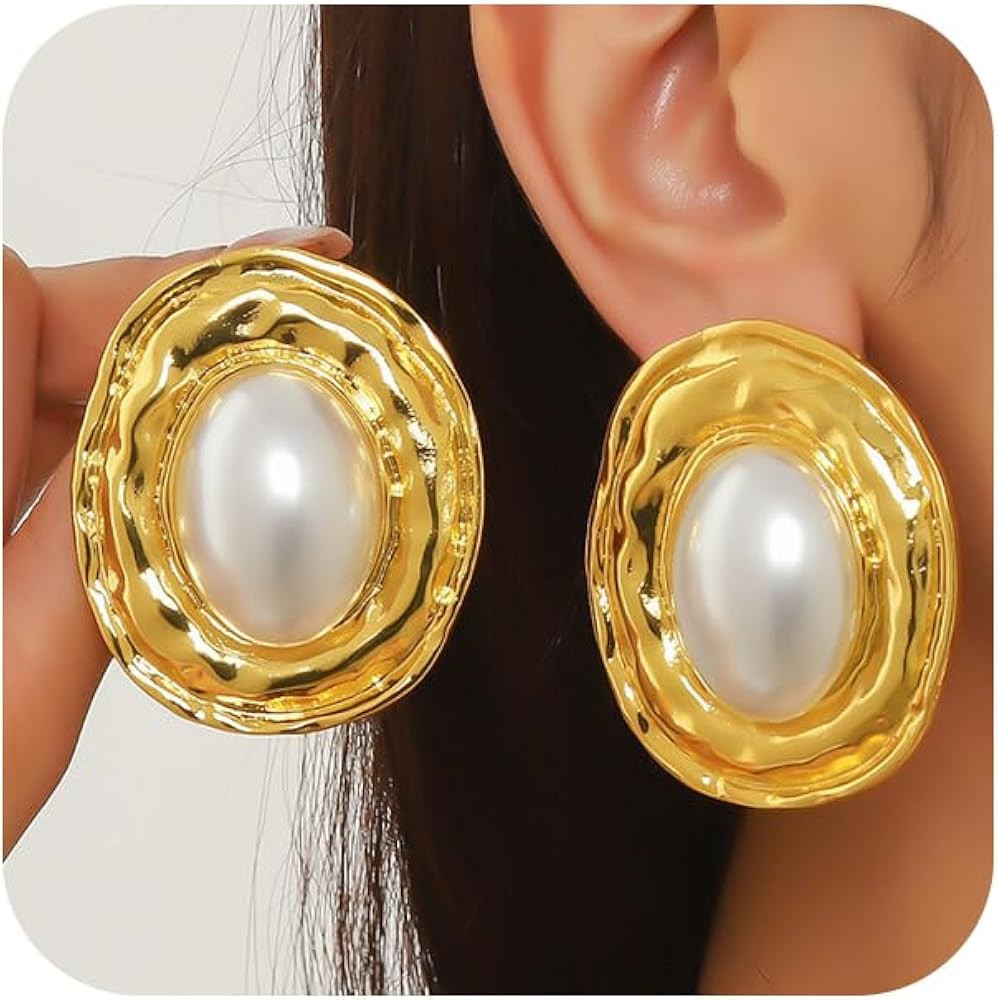 Chunky Large Pearl Statement Earrings for Women Exaggerated Big Geometric Oval Pearls Dangle Earr... | Amazon (US)