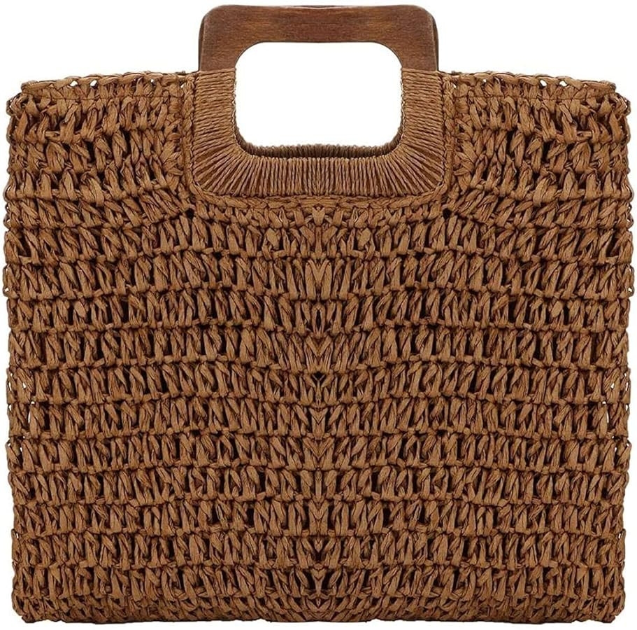Straw Tote Bag with Wooden Handle Women Hobo Woven Handbag Summer Beach Travel (coffee) | Amazon (US)