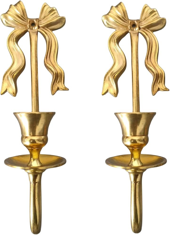 Brass Wall Candle Sconces Wall Decor Set of 2,Antique Gold Bowtie Candle Stick Holders,Wall Mount... | Amazon (US)