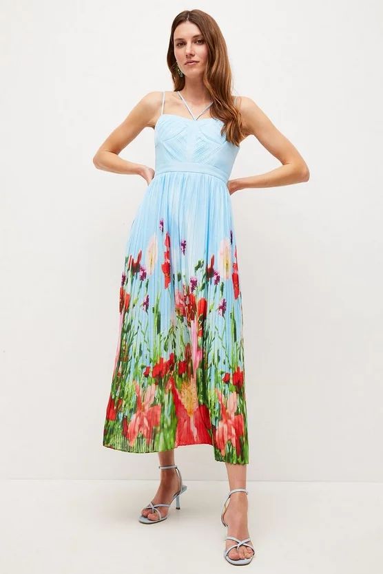 Poppy Meadow Pleated Midi Dress | Karen Millen UK & IE