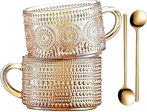 Gezzeny Vintage Coffee Mugs 14 Oz Set of 2 Amber Embossed Glass Tea Cups for Cappccino, Latte,Cer... | Amazon (US)