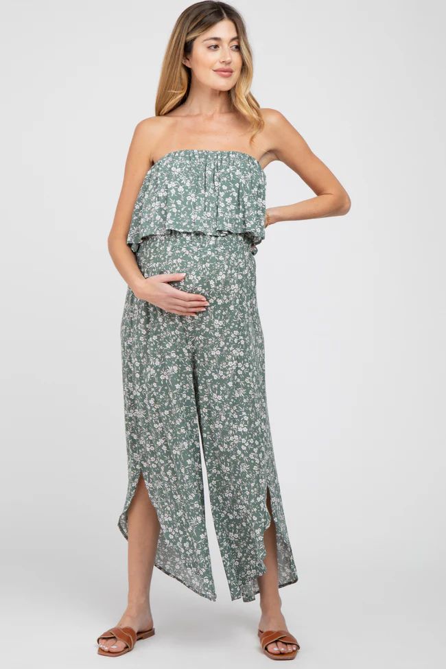 Light Olive Floral Strapless Asymmetrical Hem Maternity Jumpsuit | PinkBlush Maternity