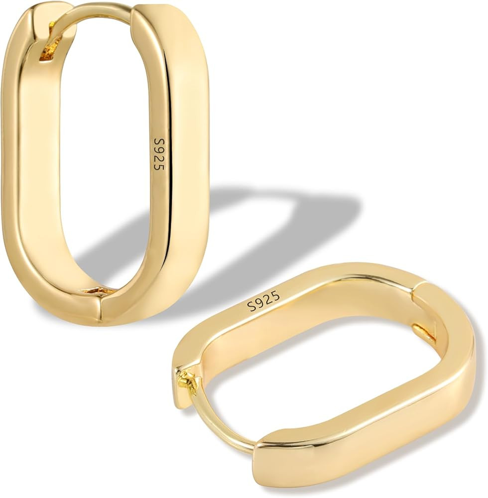 S925 Sterling Silver Hoop Earrings Small Oval Hoop Earrings for Women Trendy Square Hoops Minimal... | Amazon (US)