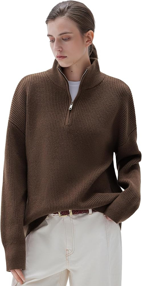 SUUKSESS Women Oversized Cashmere Blend Quarter Zip Pullover Sweater Long Sleeve Collared Ribbed ... | Amazon (US)