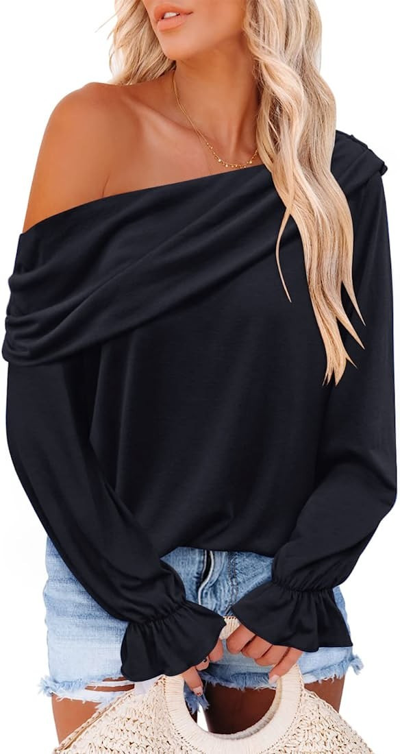 DOROSE Women's Off the Shoulder Tops Ruffle Long Sleeve Blouses Loose Casual T-shirts | Amazon (US)