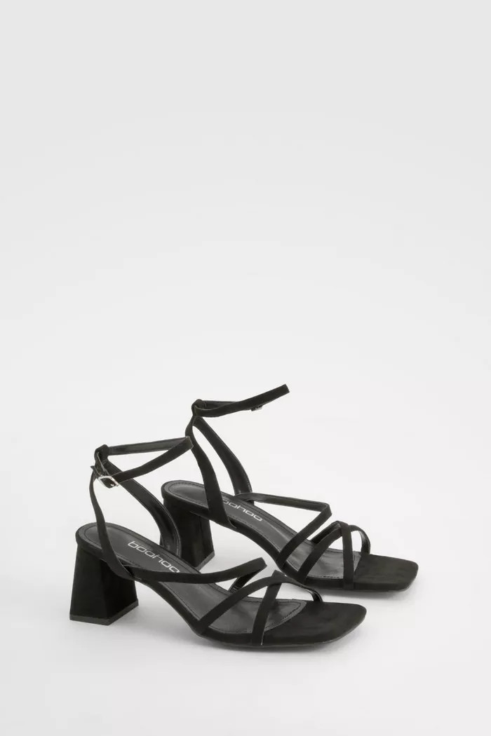 Wide Width Asymmetric Strappy Low Block Heels | boohoo (US & Canada)