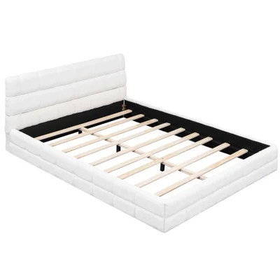 Upholstered Queen Platform Bed In White, Construction With Wood & , Headboard For Better Rest, No Box Spring White Queen-size Frame, Solid + Spring, 8 | Wayfair North America