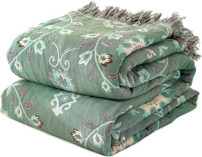 Boho Throw Blanket for Bed - 100% Cotton Ultra Soft Rustic Quilt - Floral Printed Farmhouse Decor... | Amazon (US)