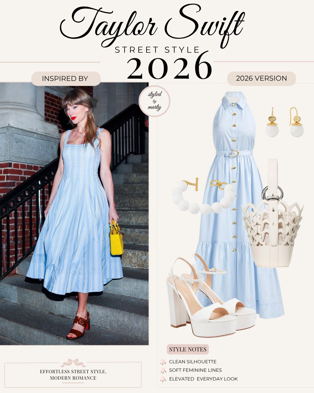 Taylor Swift street style... but make it 2026✨

Taylor swift outfit, Taylor swift style, street style, street style fashion, street style outfit, feminine style, feminine outfit, spring fashion, spring outfit, summer style, summer dress, sun dress, pastels fashion, midi dress, light blue dress, romantic style, luxury street style, luxury fashion, summer shoes, heeled sandals, summer bag 

#LTKSeasonal #LTKootd