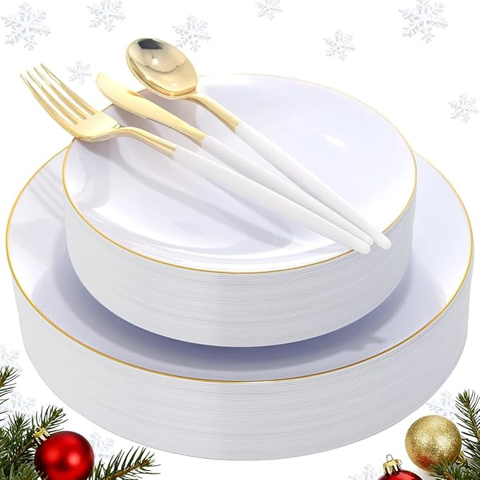 DaYammi 30 Guests Gold Plastic Plates with Disposable Silverware,Gold Cutlery with White Handle,W... | Amazon (US)