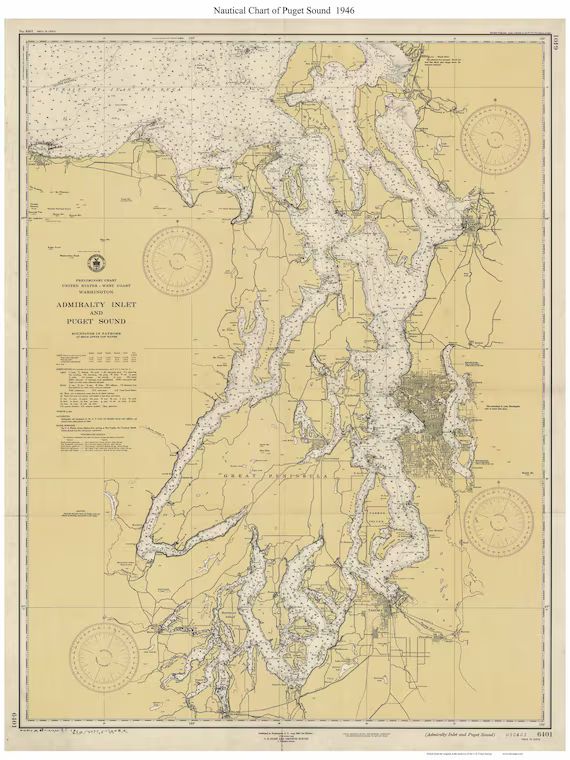 Puget Sound  1946  Nautical Map - Washington - PC Big Area 6401 - Reprint | Etsy (US)