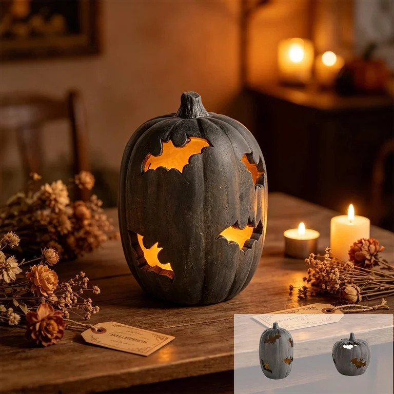 Halloween Bat Cutout Pumpkin Candle Holder, Dark Resin Hollow Pumpkin Lantern Decor, Rustic Pumpk... | Walmart (US)