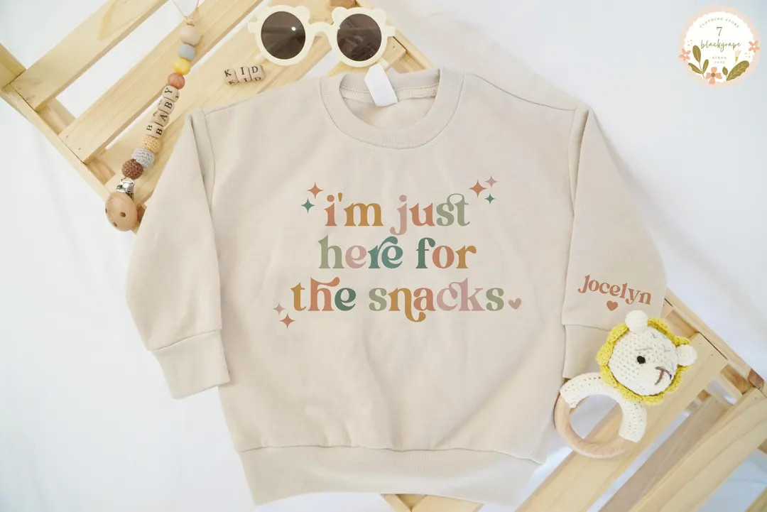 I'm Just Here for the Snacks Toddler Sweater, Custom Kids Name Snack Shirt, Snack Lover Baby Shir... | Etsy (US)