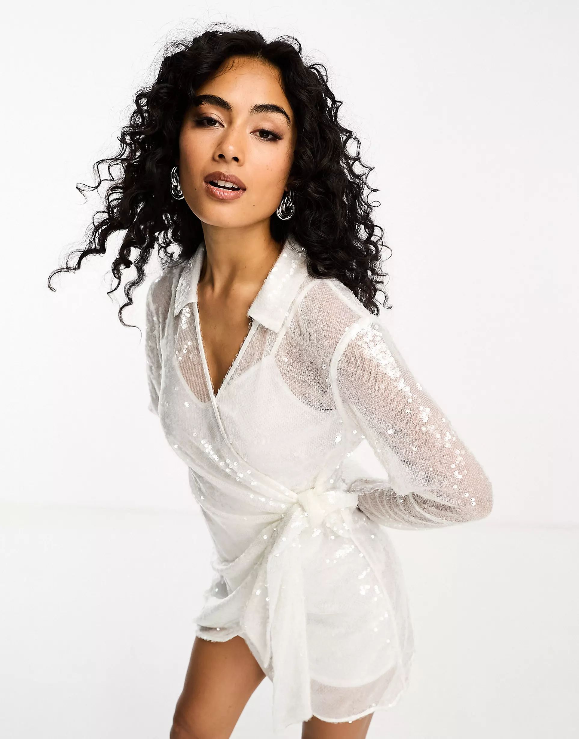 4th & Reckless sequin tie side mini shirt dress in white iridescent | ASOS (Global)