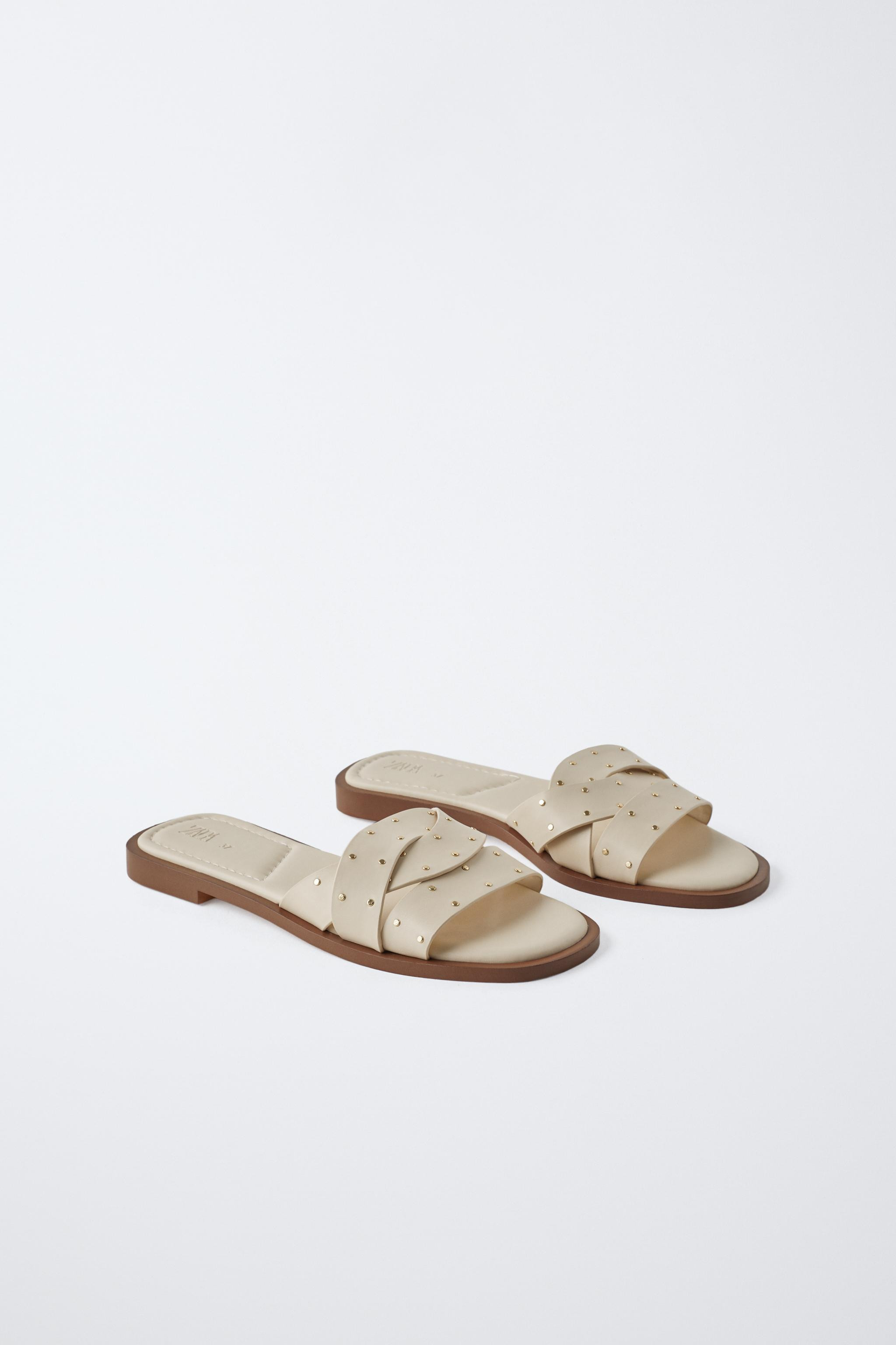 STUDDED FLAT CROSS STRAP SANDALS | Zara US