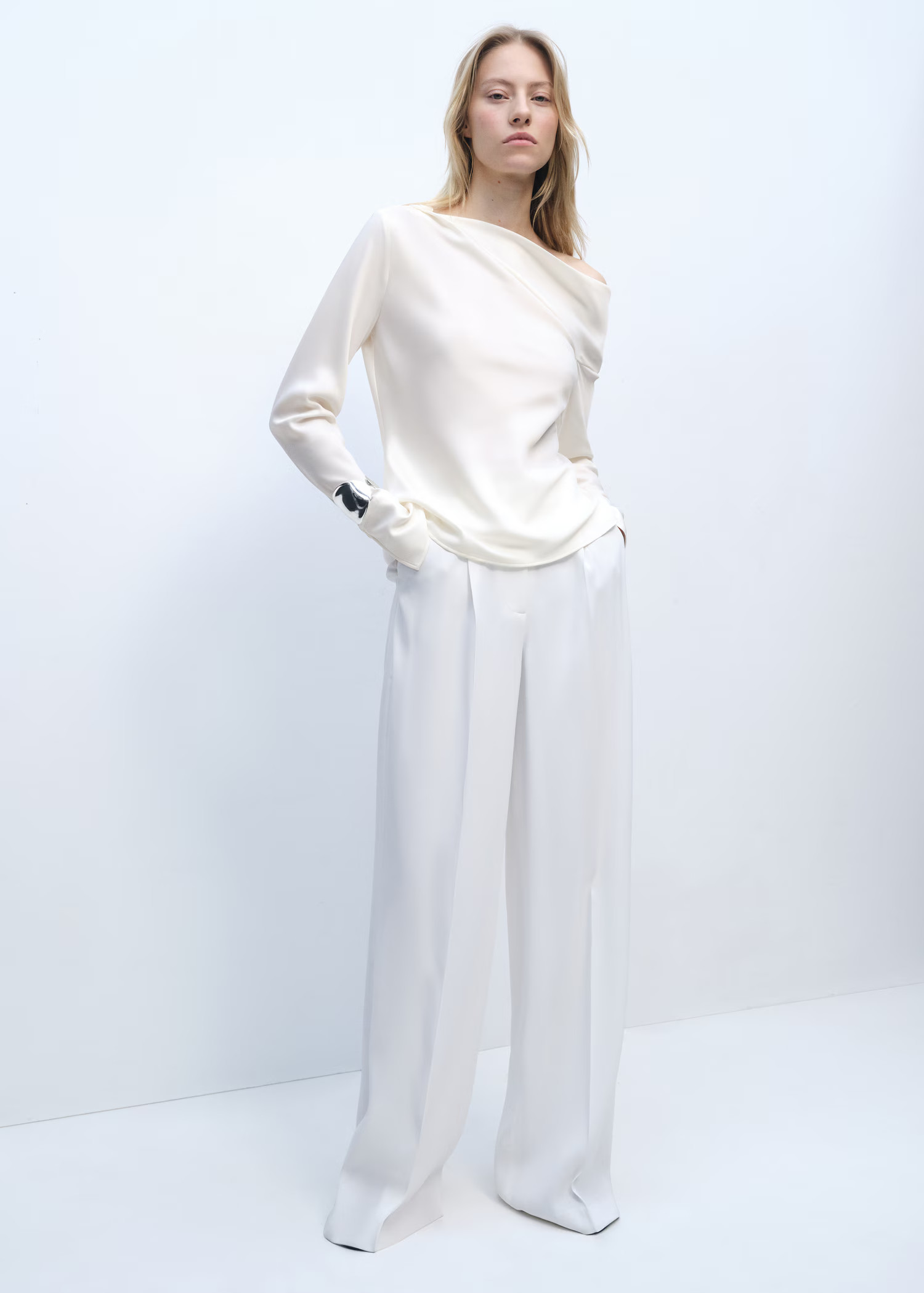 Satin blouse with draped neck - Women | MANGO United Kingdom | MANGO (UK)