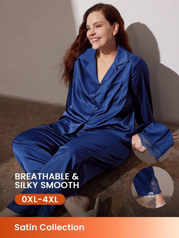 LUVLETTE Women Plus Lace Trim Satin Shirt & Pants Pajama Set Sleep Wear Lounge Set Lingerie | SHEIN