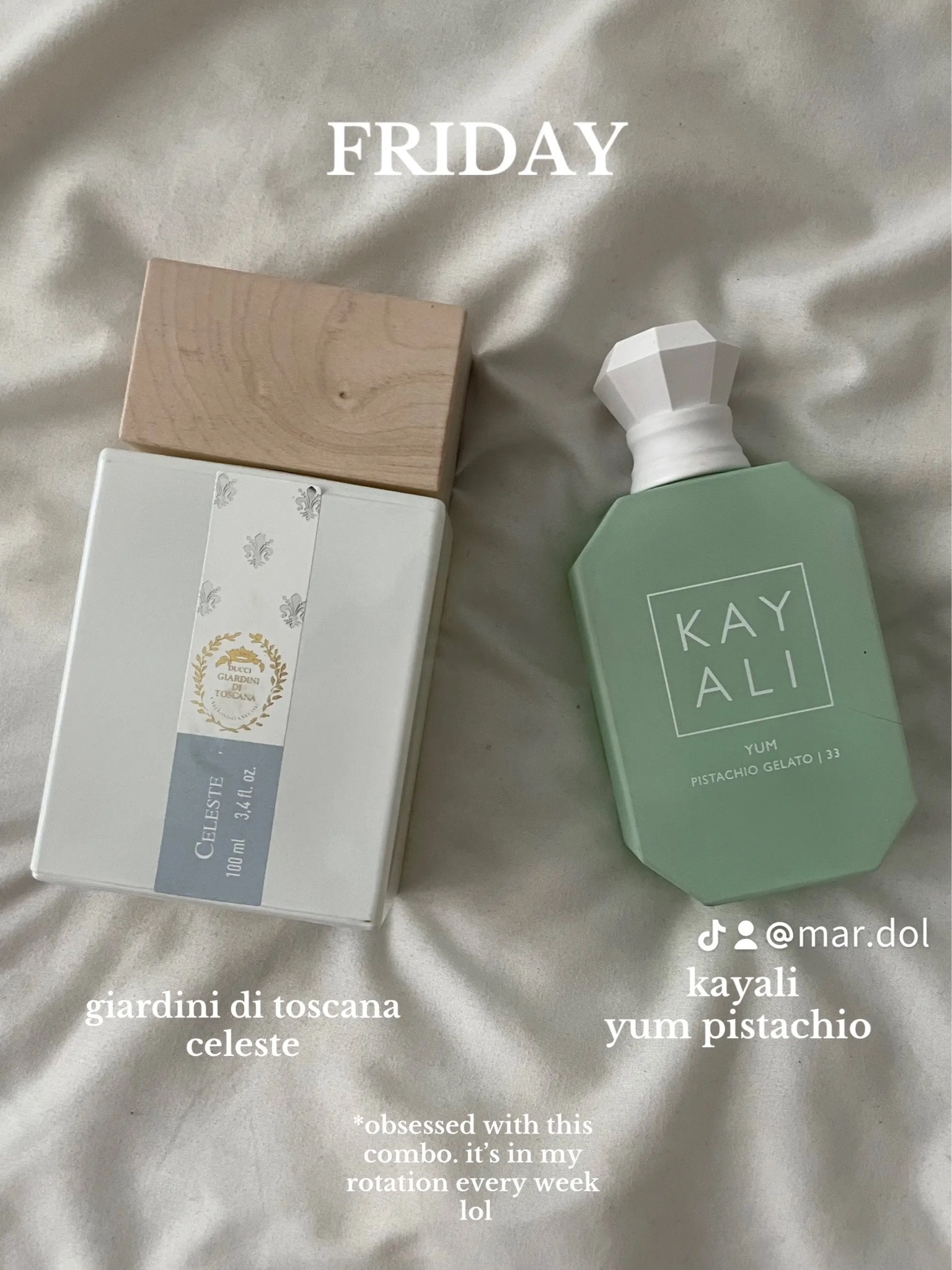 giardini di toscana celeste + kayali yum pistachio 

won’t let me link celeste but you can find on scent split or lucky scent! 