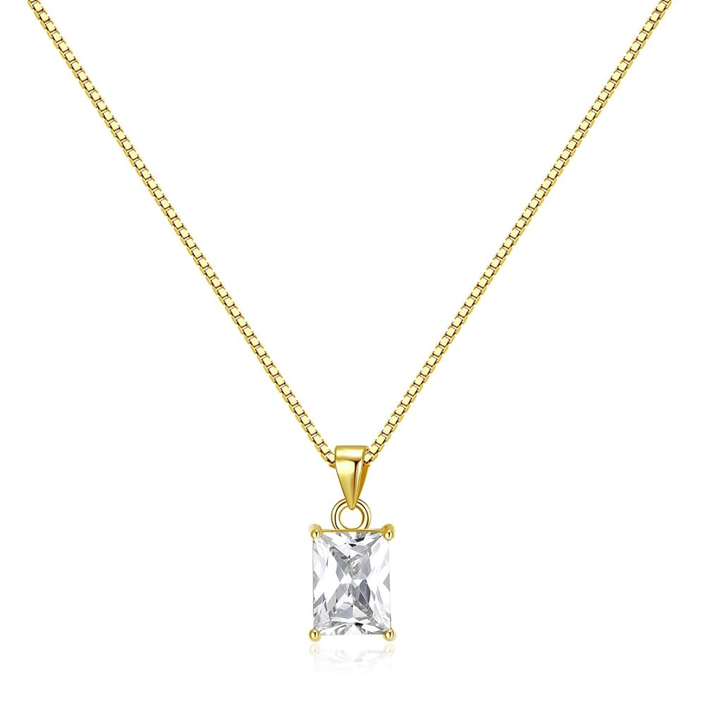 Baguette CZ Pendant Necklace | 14K Gold Plated Sterling Silver | Emerald Baguette Pendant Dainty ... | Amazon (US)