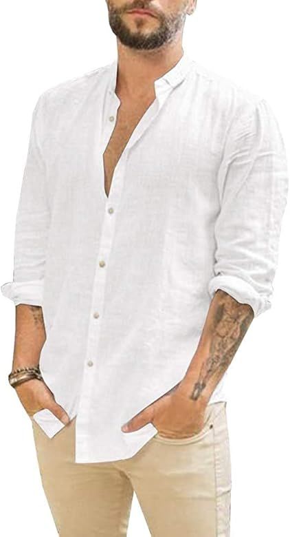 JEKAOYI Mens Summer Casual Cotton Linen Shirts Buttons Down Long Sleeve Solid Plain Beach T Shirts | Amazon (US)