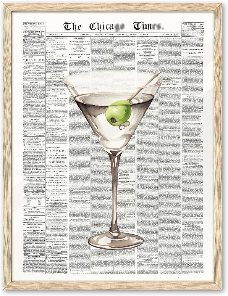 EcoHest Trendy Newspaper Martini Framed Wall Art, 12x16 in OAK Wood Retro Bar Cart Canvas Art, Ma... | Amazon (US)